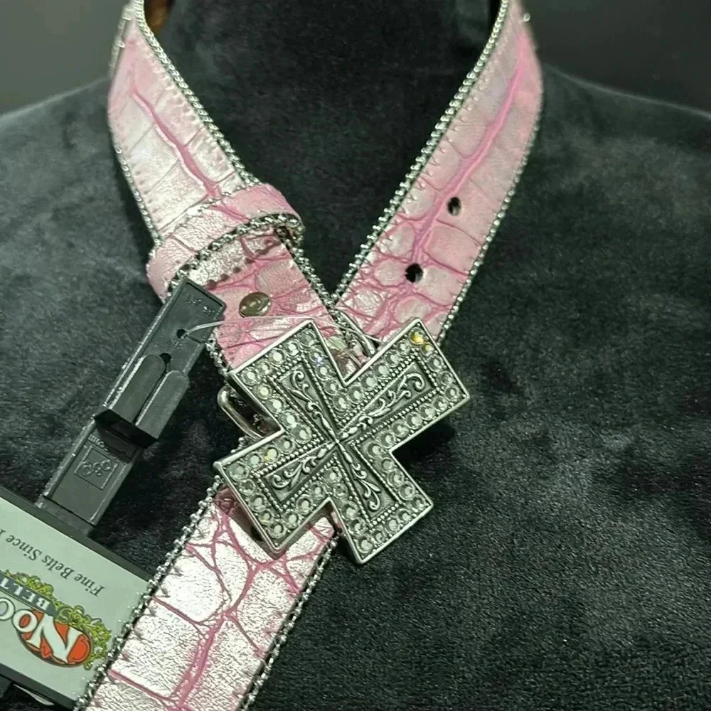 Nocona Genuine Leather lining, pink croc pattern,silver/rhinestone cross buckle